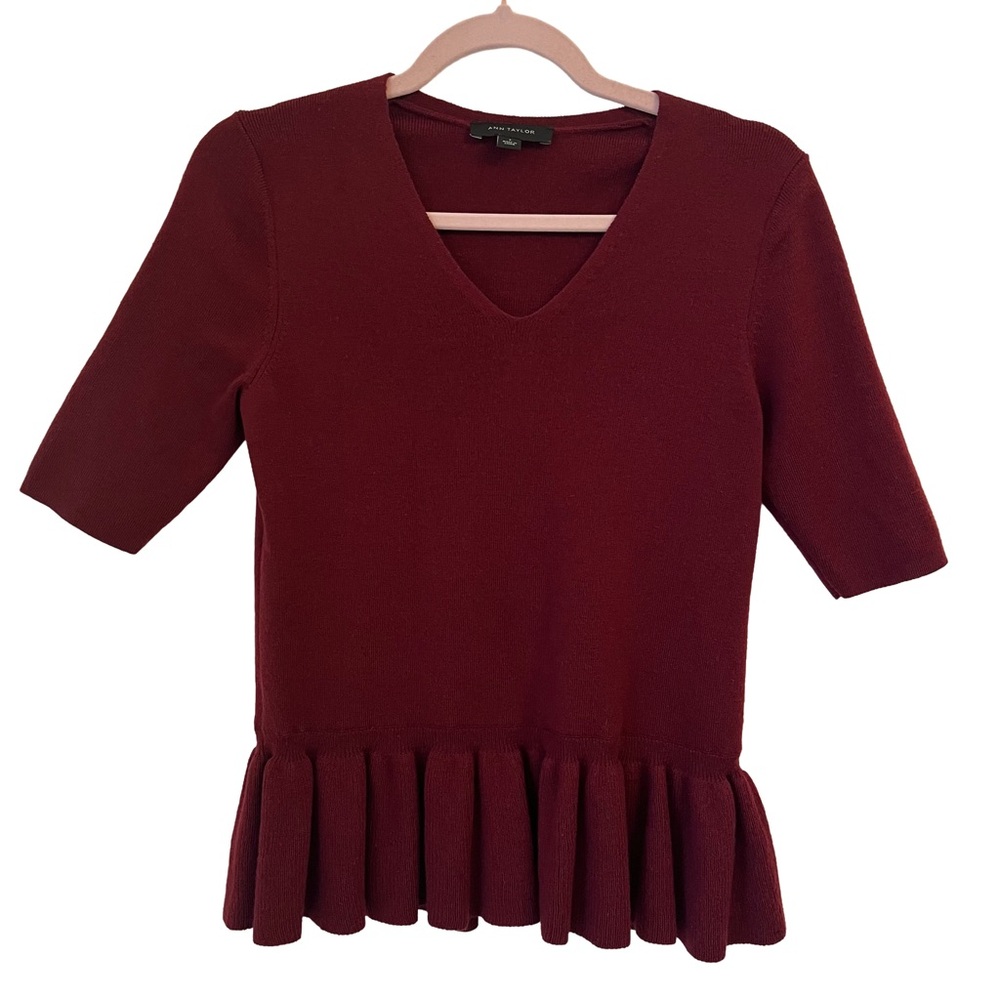 Ann Taylor Wool Blend Short Sleeve Peplum Sweater Small Burgundy Maroon
